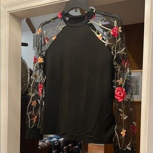 SHEIN Black Pullover Top with Floral Embroidered Sheer Sleeves